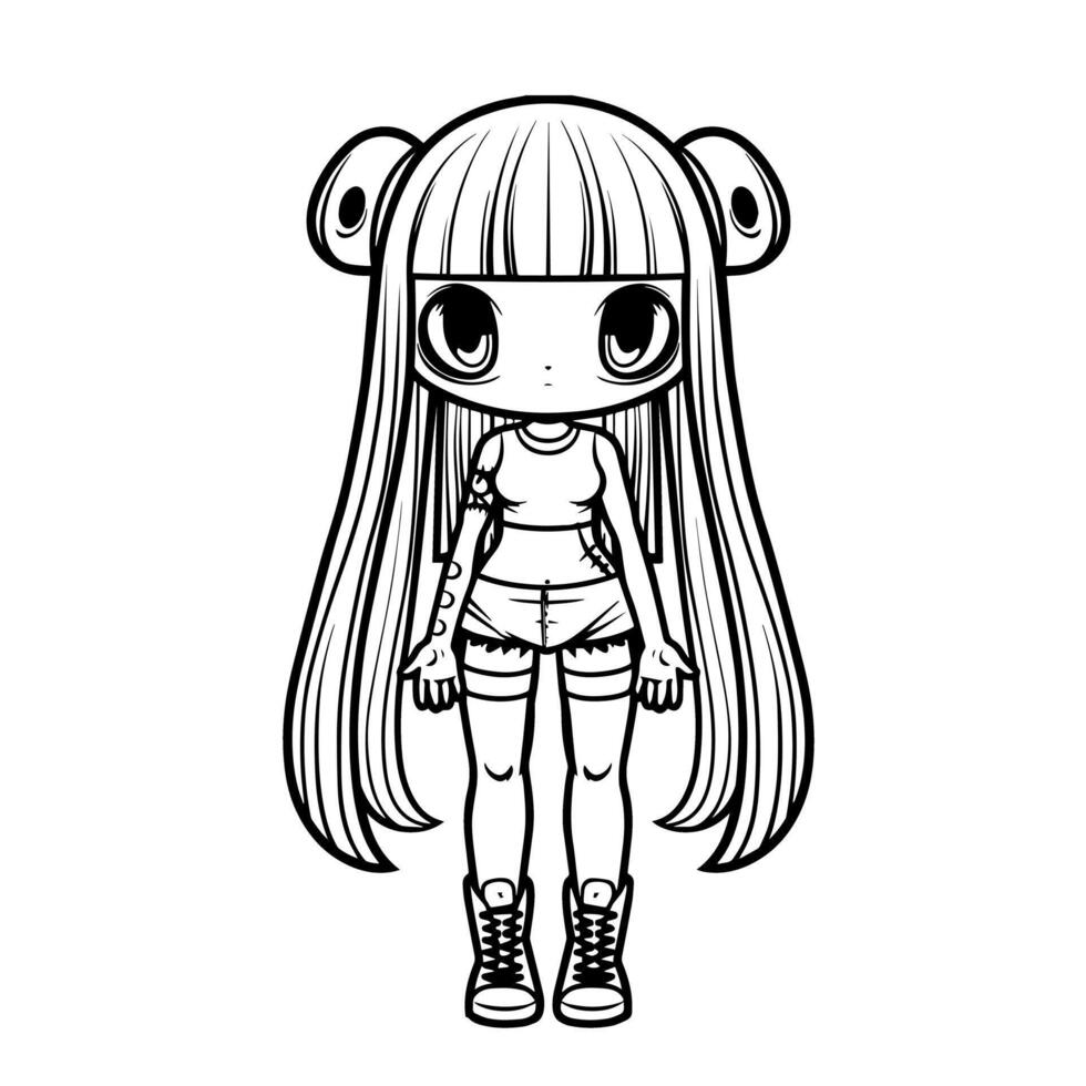 A coloring page with a girl in shorts and a hat vector