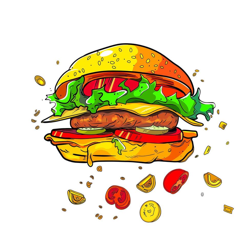 A hamburger with lettuce, tomatoes and cheese vector
