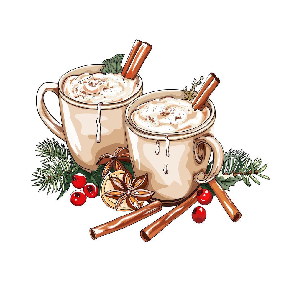 Two cups of hot chocolate with cinnamon and spices vector