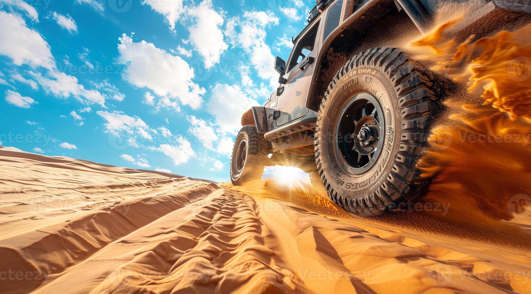 Powerful 4x4 vehicle expedition car exploring desert sand dunes. Safari in the desert photo