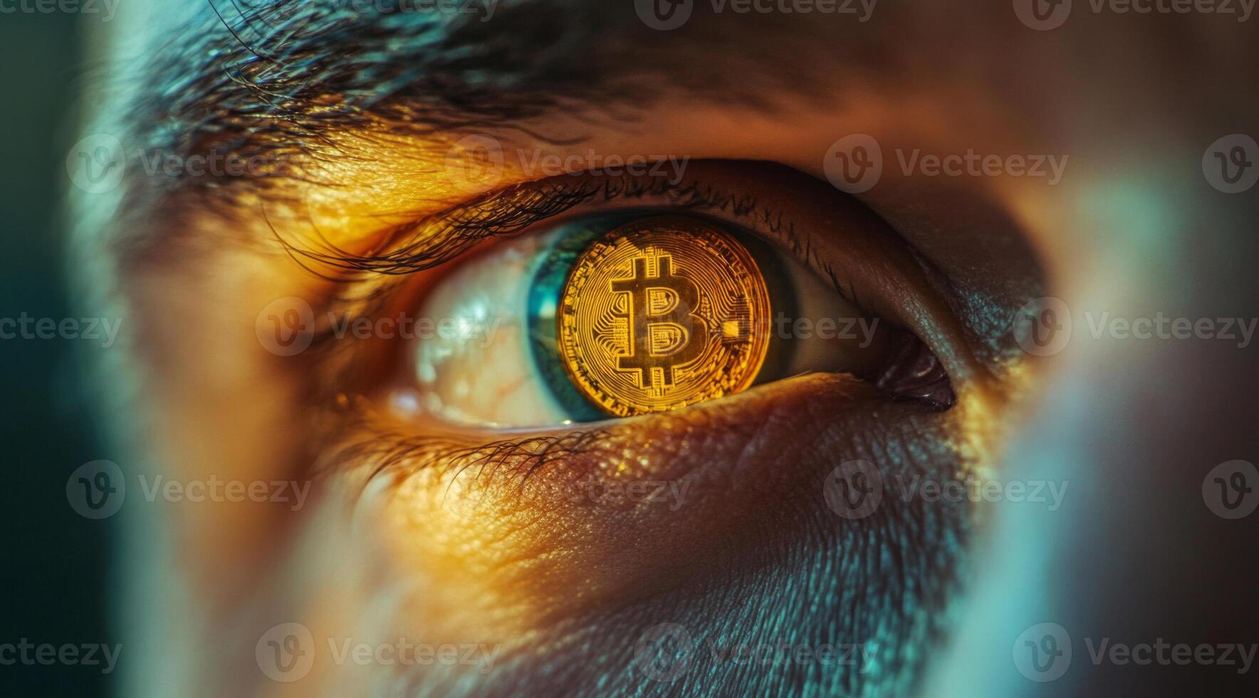 close up of an eye with bitcoin sign in retina. Concept of earnings and market gains using bitcoin photo