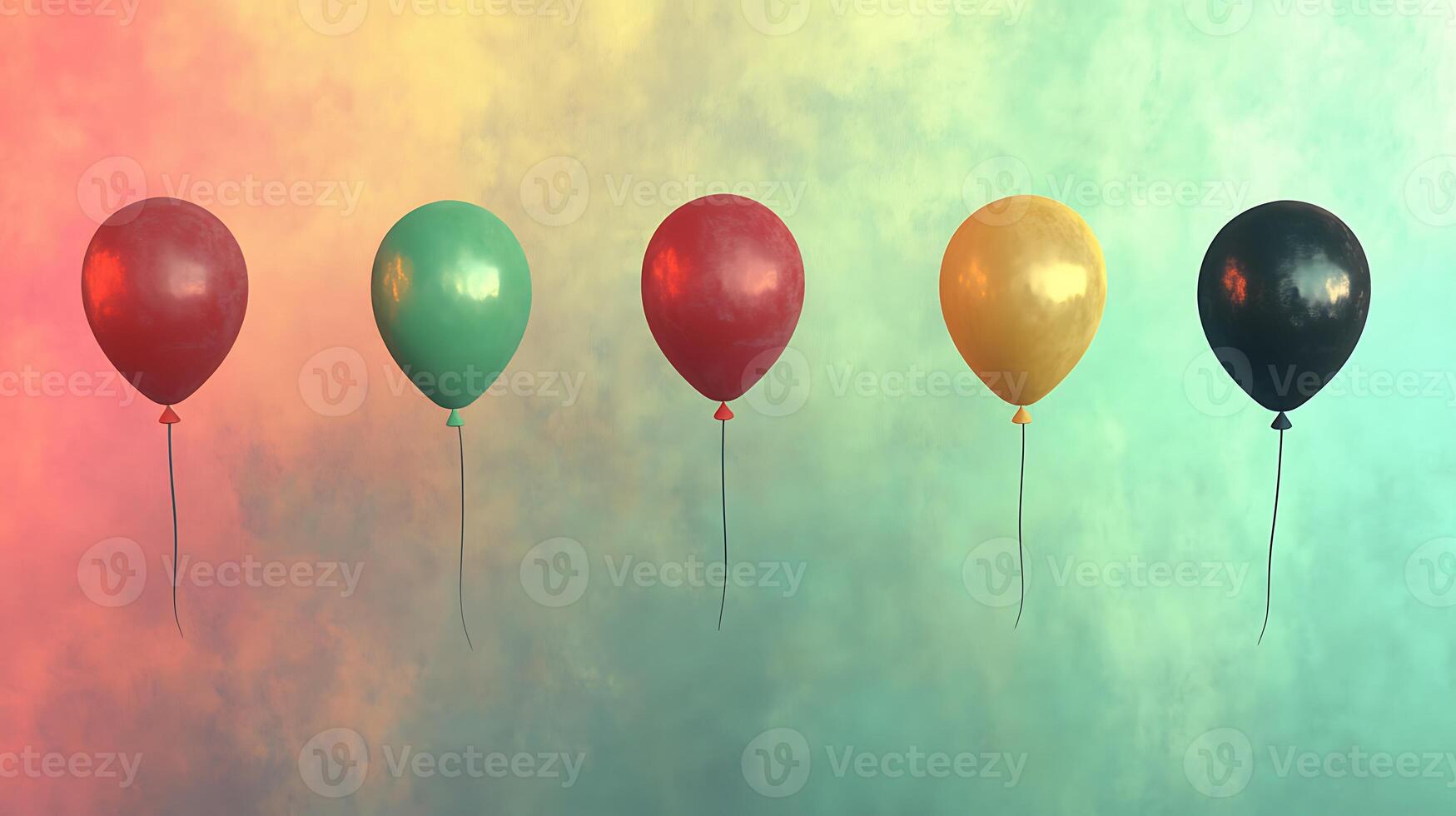 Four different colored balloons are floating in the air photo