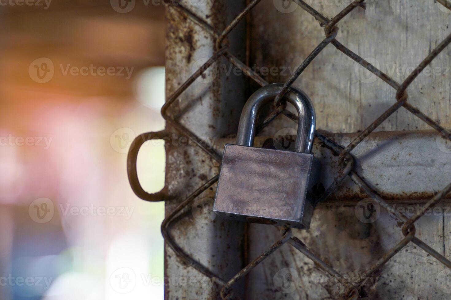 The padlock locks the steel gate to keep it safe and prevent thieves. Soft and selective focus. photo