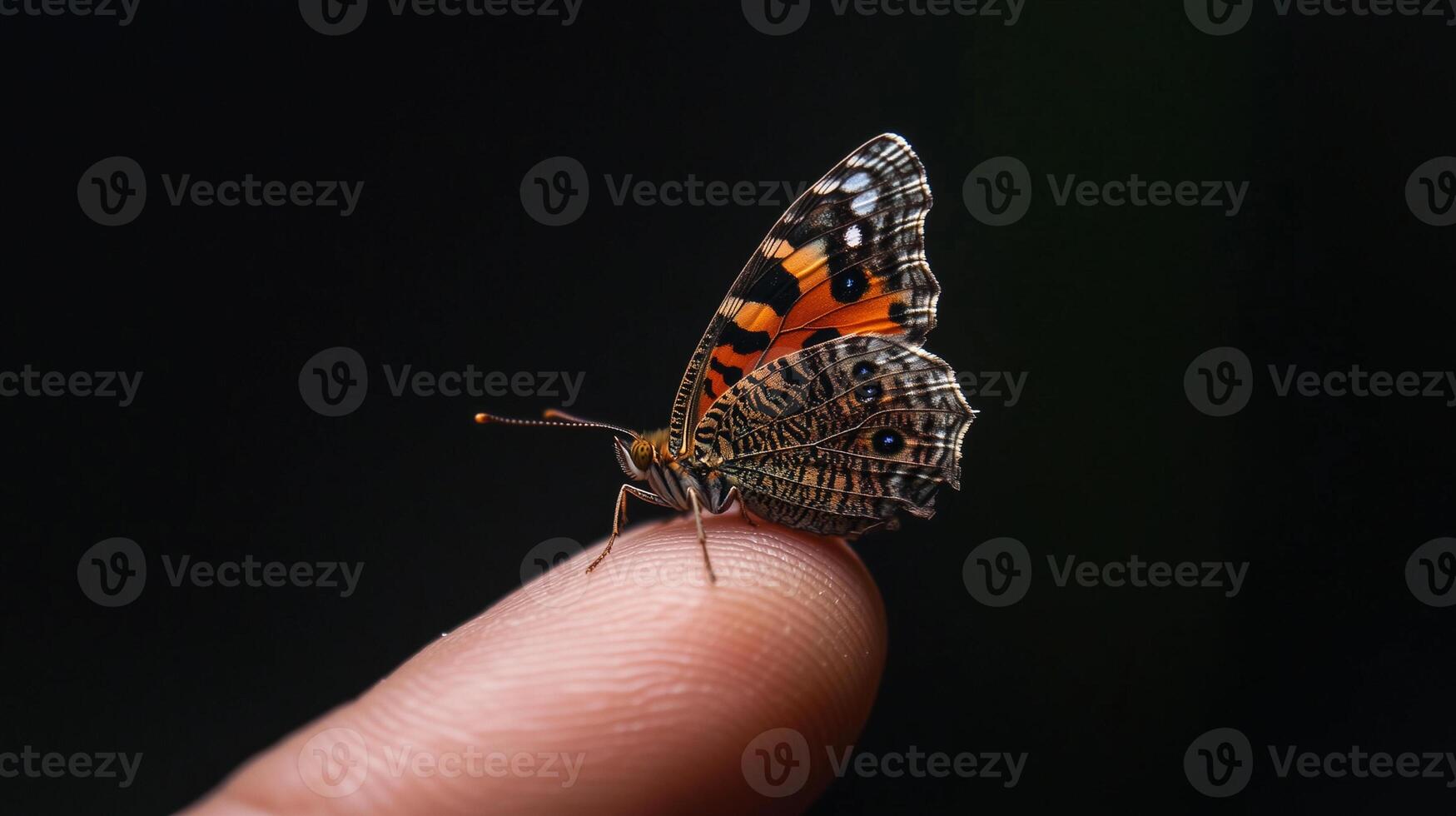 black tiny butterfly on human finger with black background photo