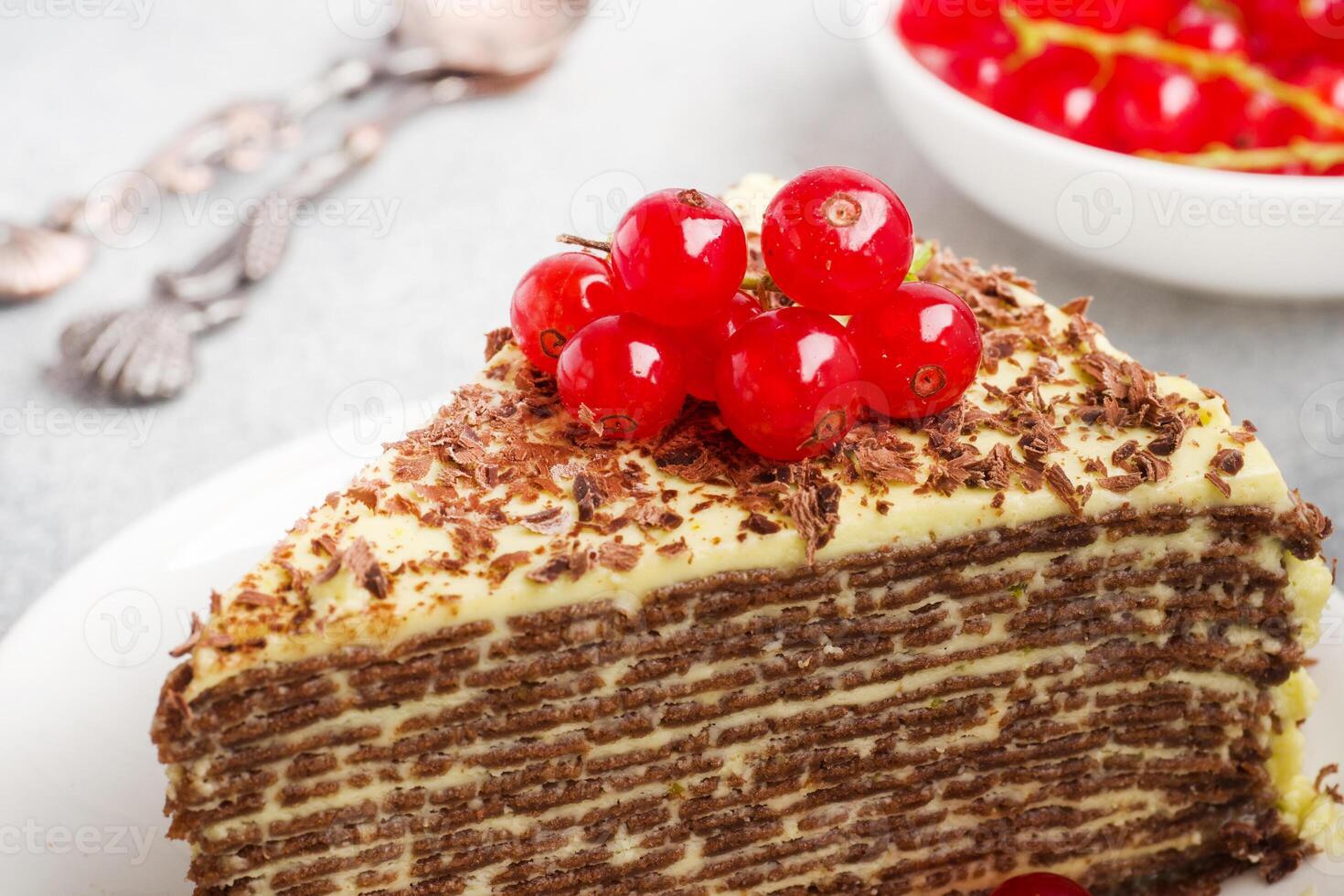 A cake made of chocolate pancakes and buttercream. red currant berries photo