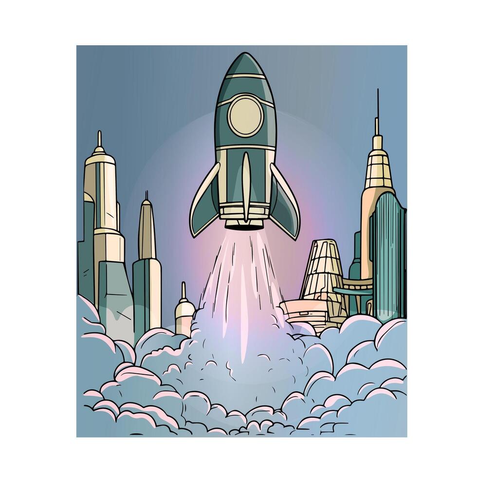 A cartoon rocket is flying over a city vector