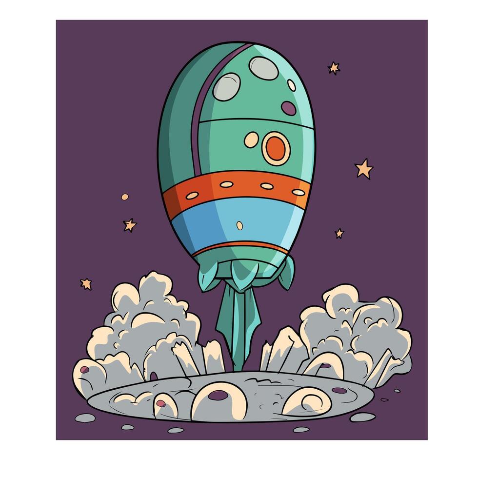 Cartoon rocket flying over the moon vector