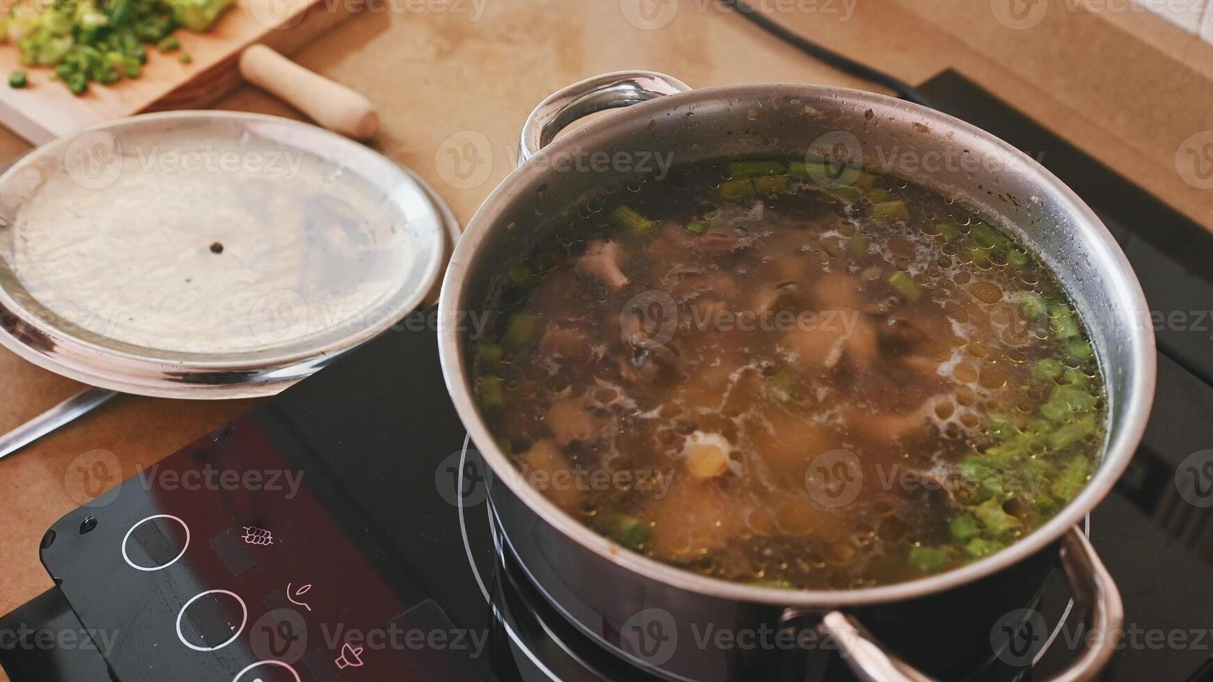 Cooking a Healthy Vegetable Broth on a Kitchen Stove photo