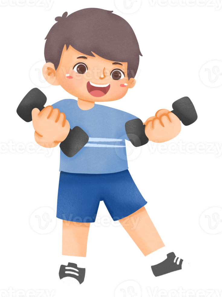 A boy is doing dumbbells in a cartoon png