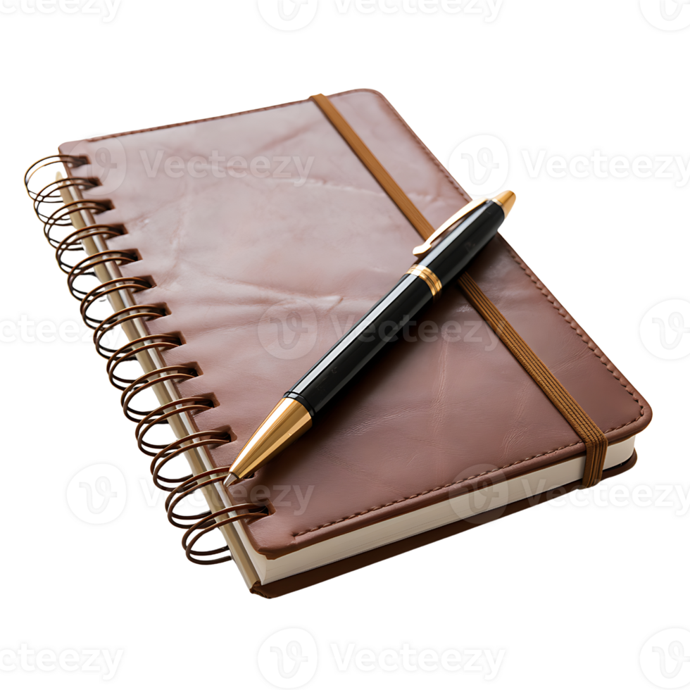 Brown Leather Notebook and Pen isolated on transparent background png