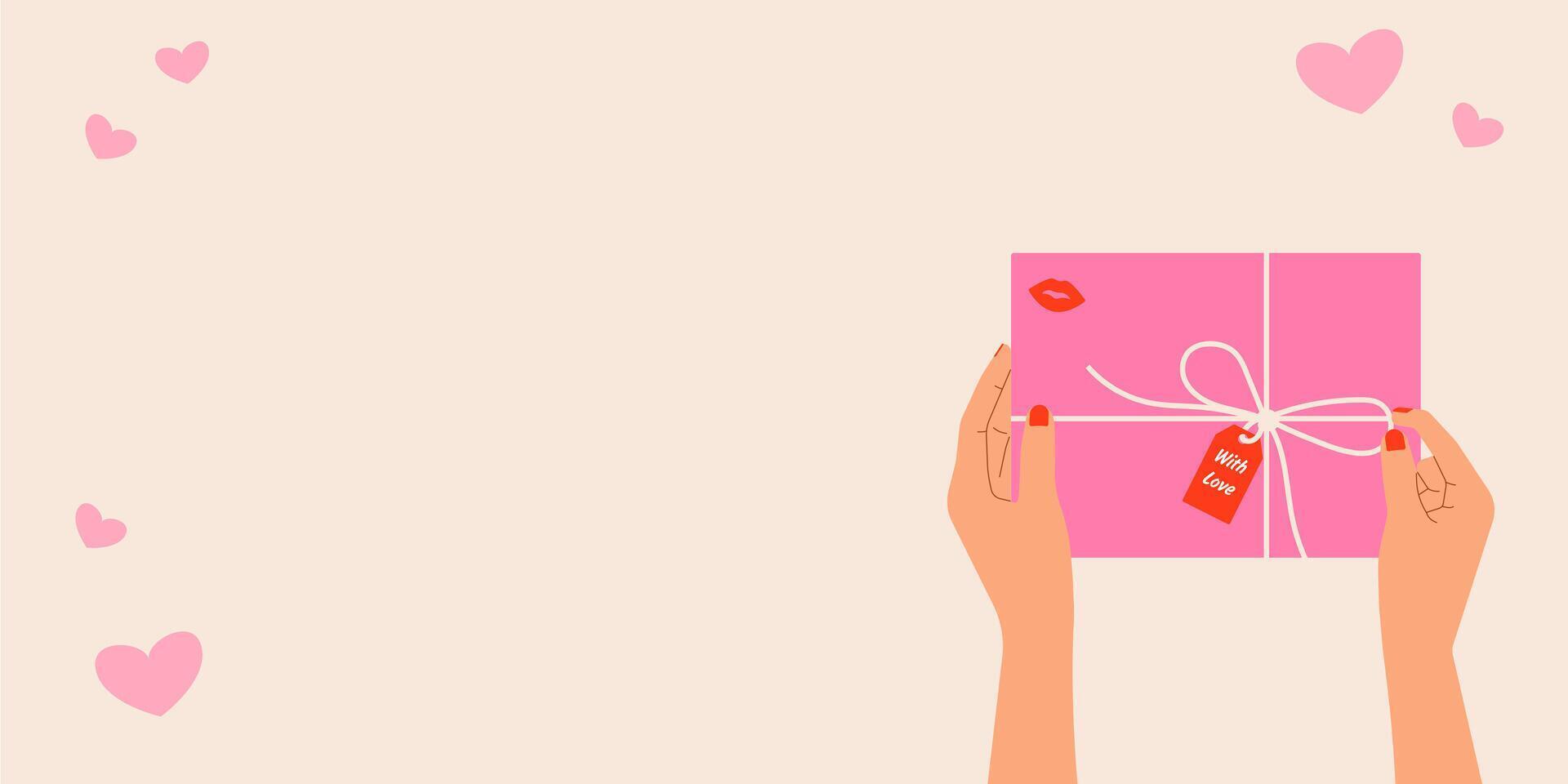 Love background with gift in hands and copy space for text. illustration for Valentine's Day, romantic cards or designs vector