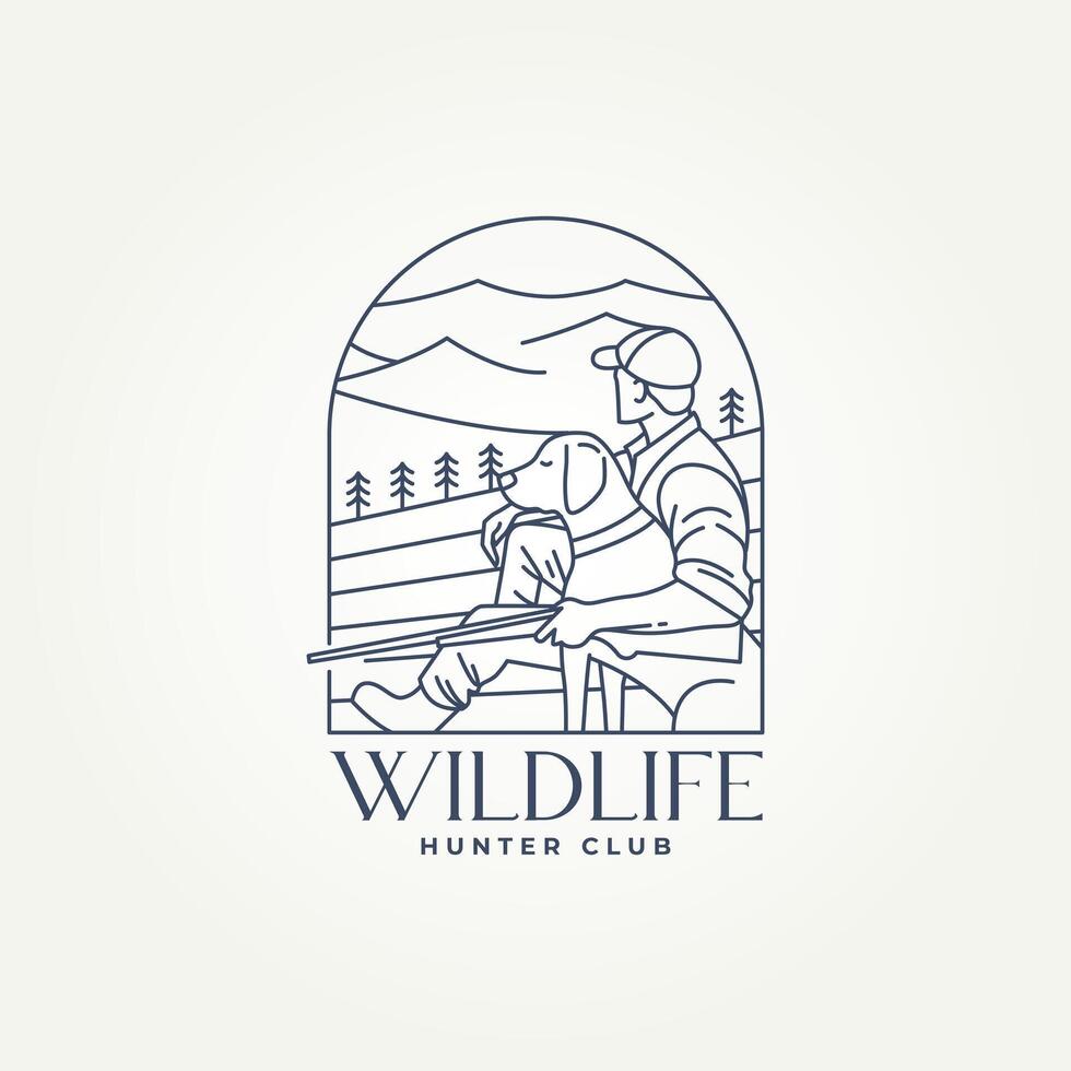 minimalist hunter with a dog line art icon badge logo illustration design. simple modern wildlife bird hunting club emblem logo concept vector