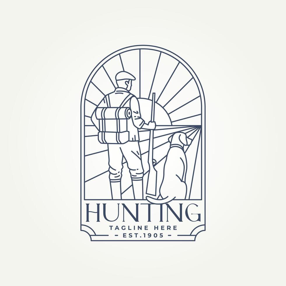 minimalist hunter with a dog line art icon badge logo illustration design. simple modern bird hunter club emblem logo concept vector