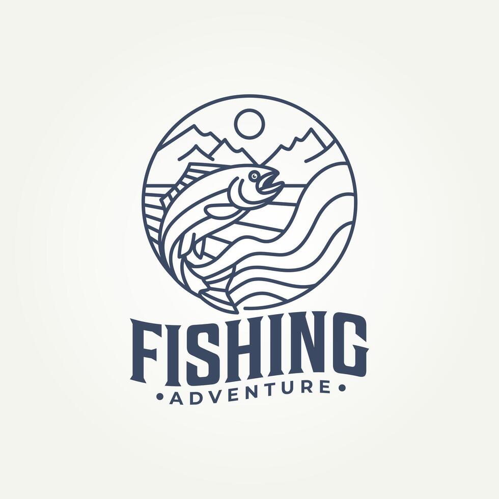 minimalist trout fish with mountain and lake line art icon badge logo illustration design. simple modern fishing adventure club logo concept vector