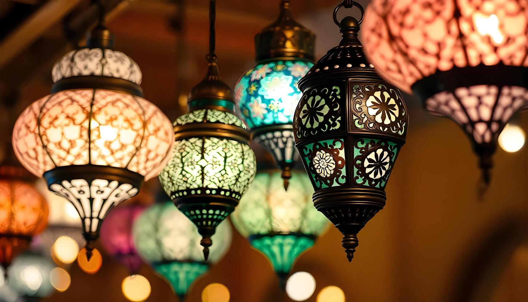 Colorful Middle Eastern style lanterns suspended from a ceiling, with ornate patterns illuminated, set against a warm, blurred background featuring pastel bokeh lights 1 photo