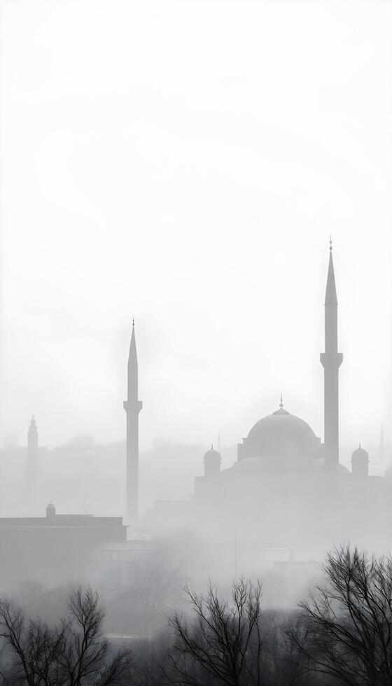 A silhouette of a Middle Eastern city skyline with classic domed buildings and tall minarets against a foggy, gray background on a winter morning, with a subtle frost effect photo