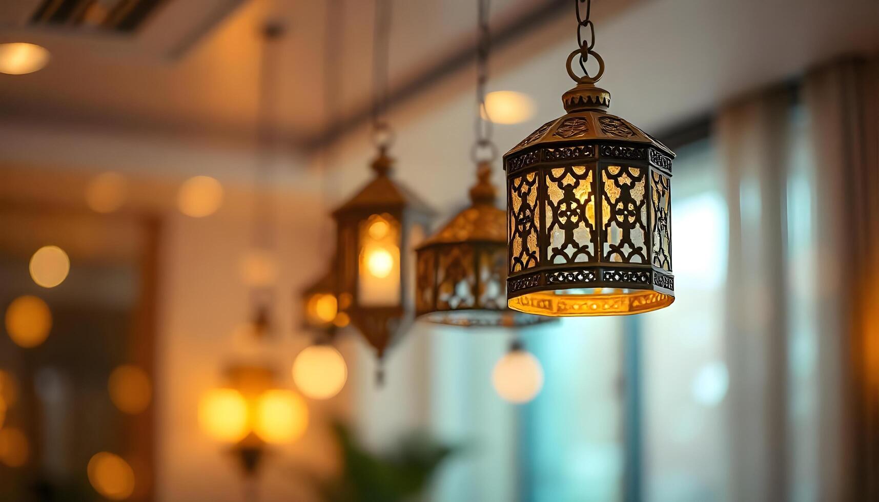Modern take on Middle Eastern style lanterns hanging in a contemporary space, with geometric shapes, against a warm, blurred background featuring soft, circular bokeh lights photo