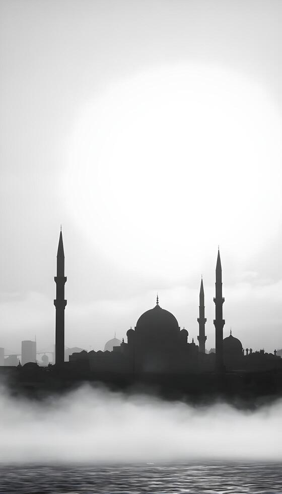 A silhouette of a Middle Eastern city skyline featuring domed buildings and tall minarets against a foggy, gray background during early morning with soft light illuminating the fog photo