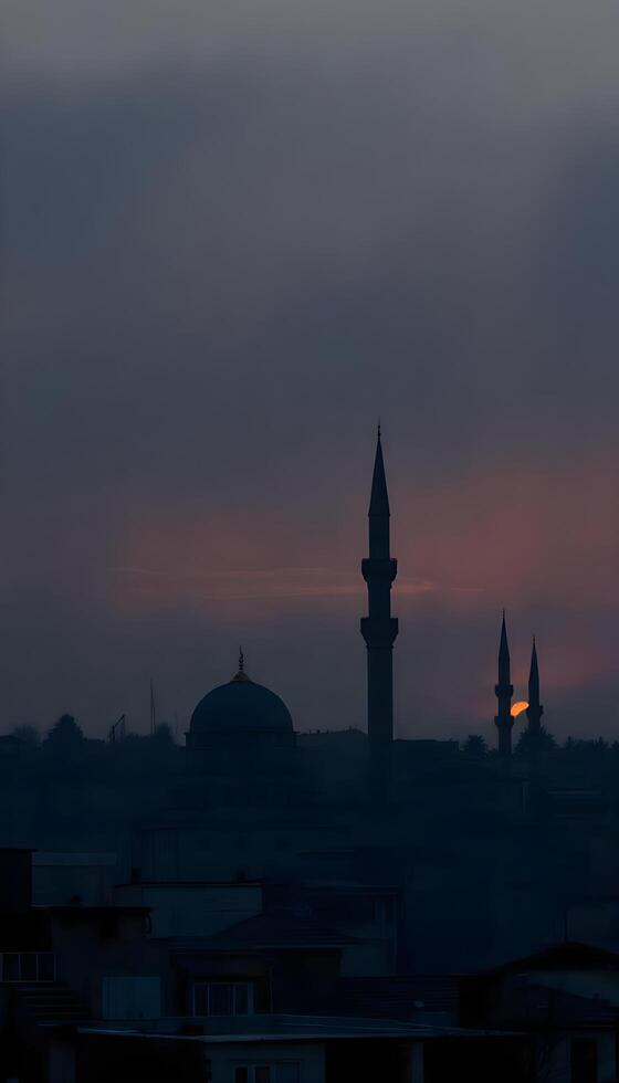 A silhouette of a Middle Eastern city skyline with intricate domed buildings and slender minarets against a foggy, gray background at dusk, with hints of orange and purple peeking through the fog 1 photo