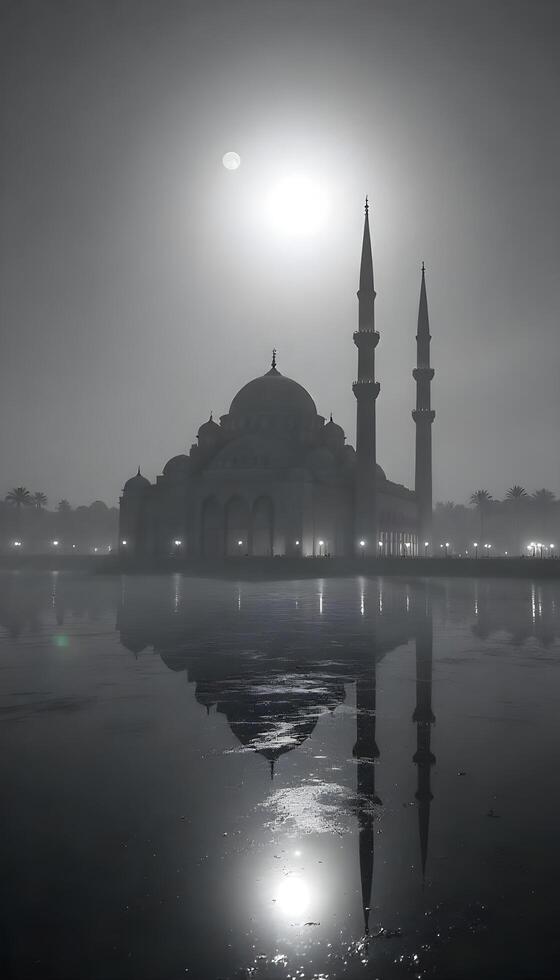 A silhouette of a Middle Eastern city skyline displaying grand domed buildings and prominent minarets against a foggy, gray background under a full moon, casting a mystical glow. photo