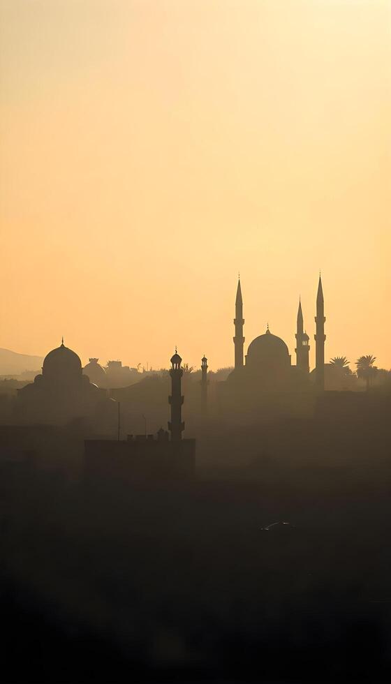 A silhouette of a Middle Eastern city skyline showcasing ancient domed buildings and historic minarets against a foggy, gray background during a summer afternoon, with shadows stretching long photo