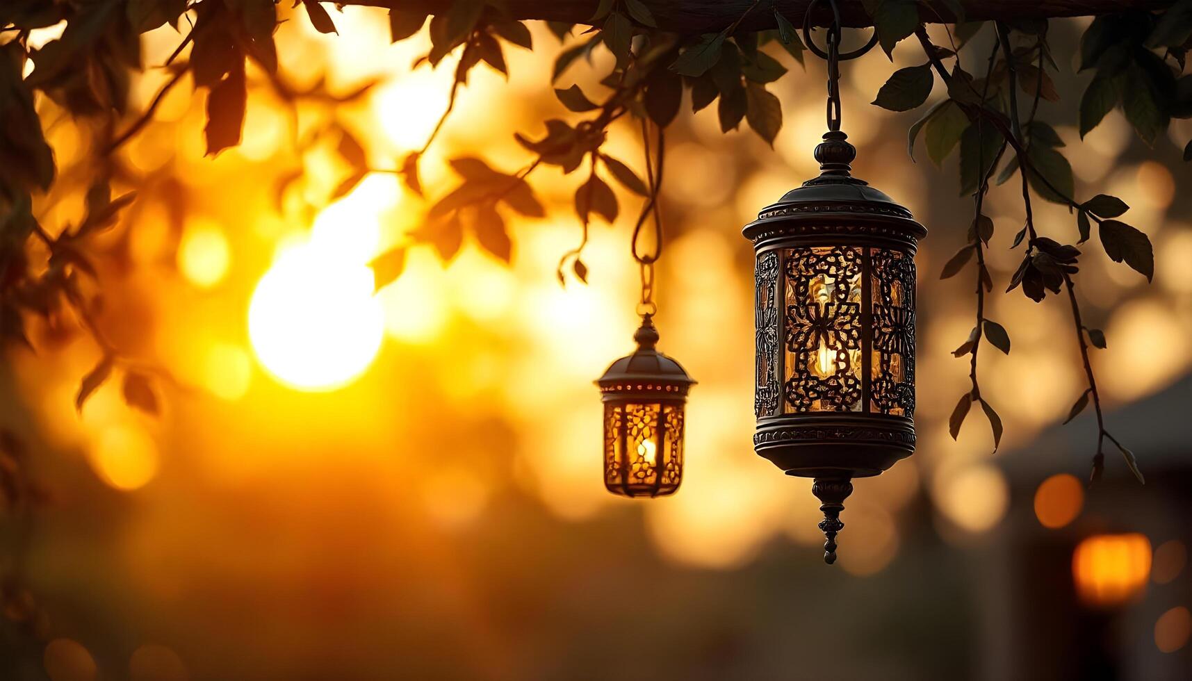 Rustic Middle Eastern style lanterns hanging from a tree branch, adorned with vines, in a warm, blurred sunset background with soft bokeh lights 1 photo