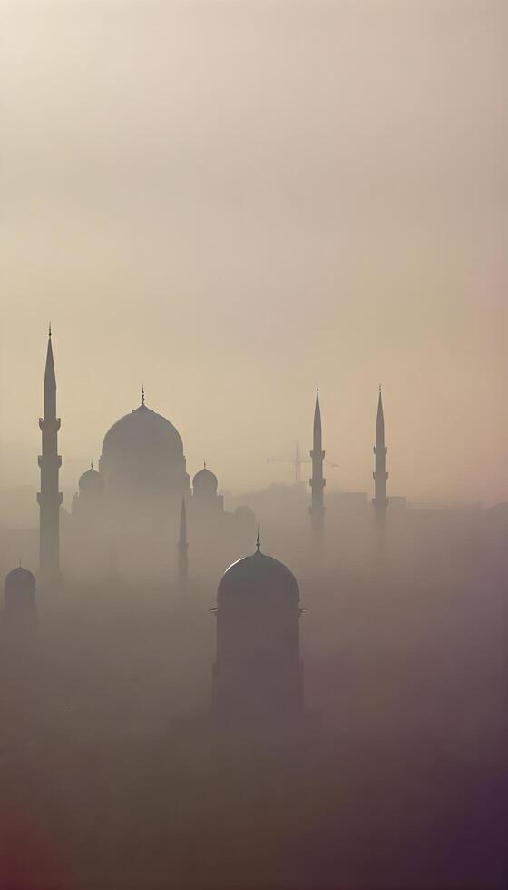 A silhouette of a Middle Eastern city skyline with domed buildings and minarets against a foggy, gray background photo