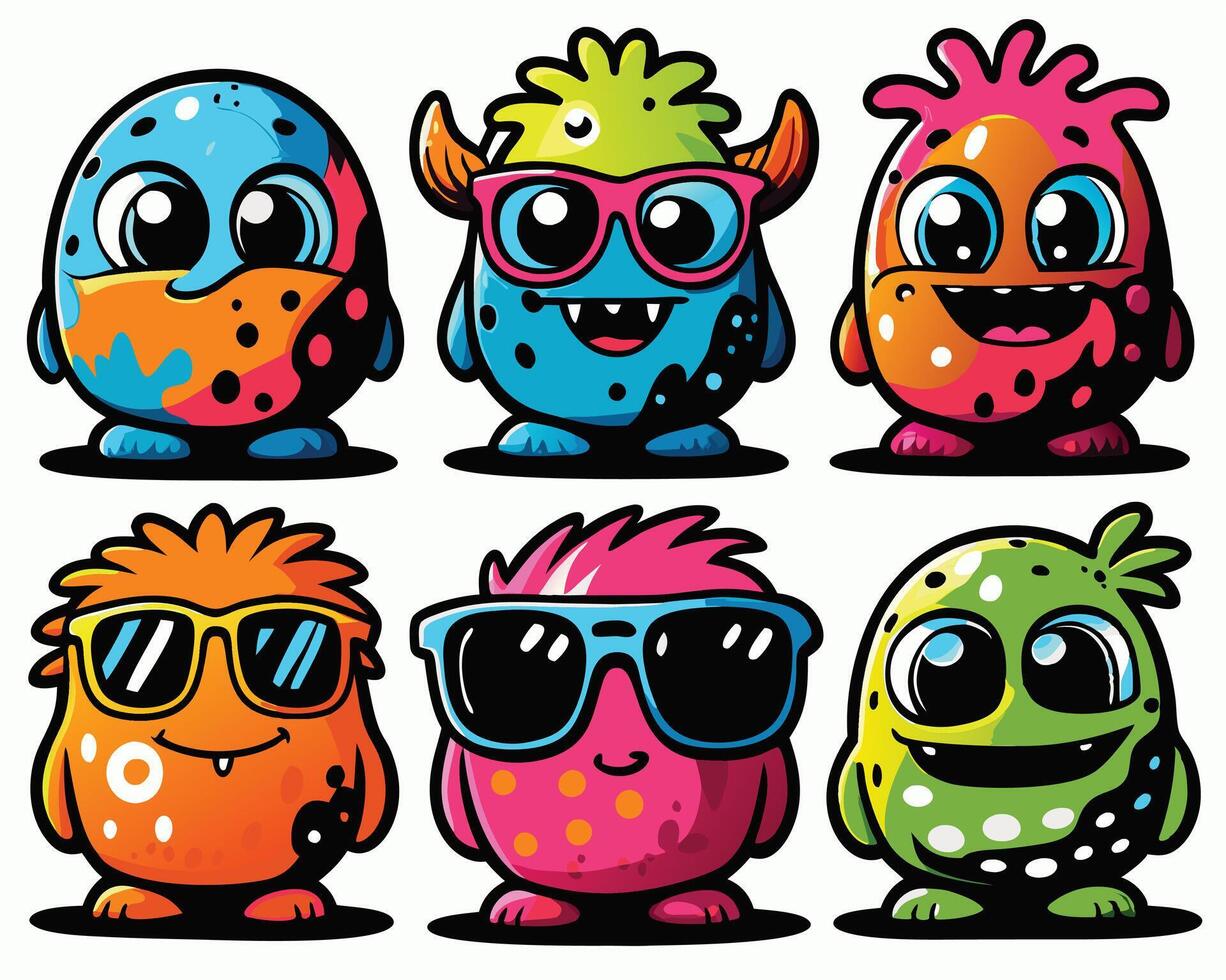 Colorful cartoon monsters wearing sunglasses having fun together vector