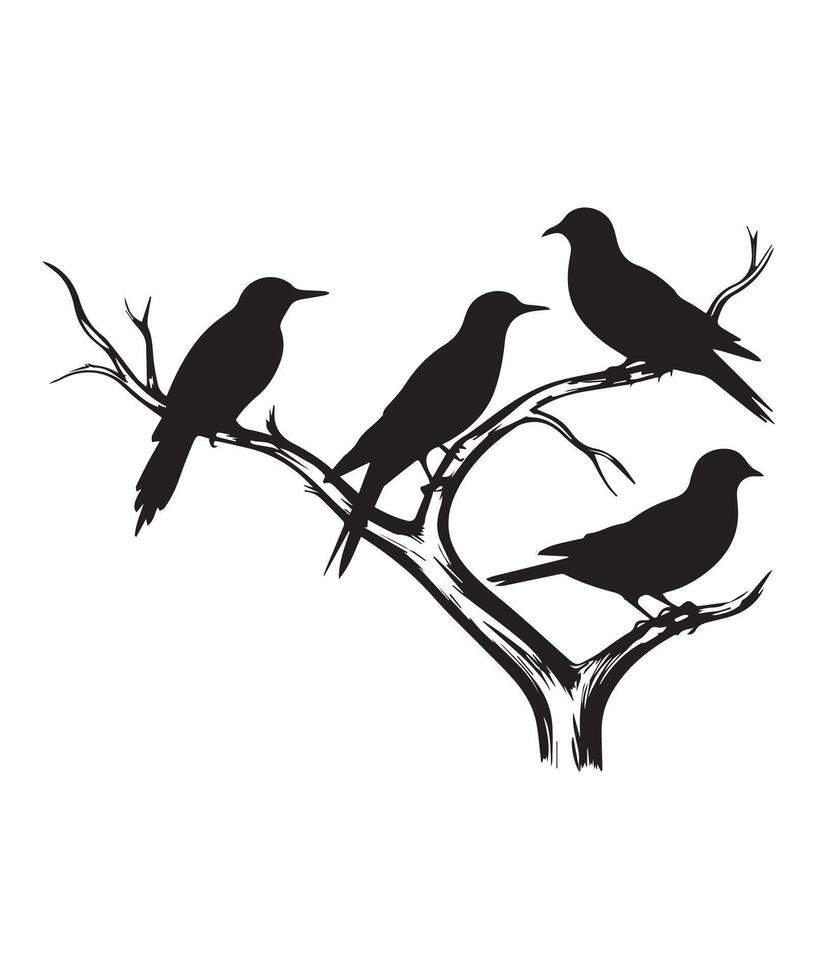 Detailed Woodland Bird Silhouettes Perched on White Background vector