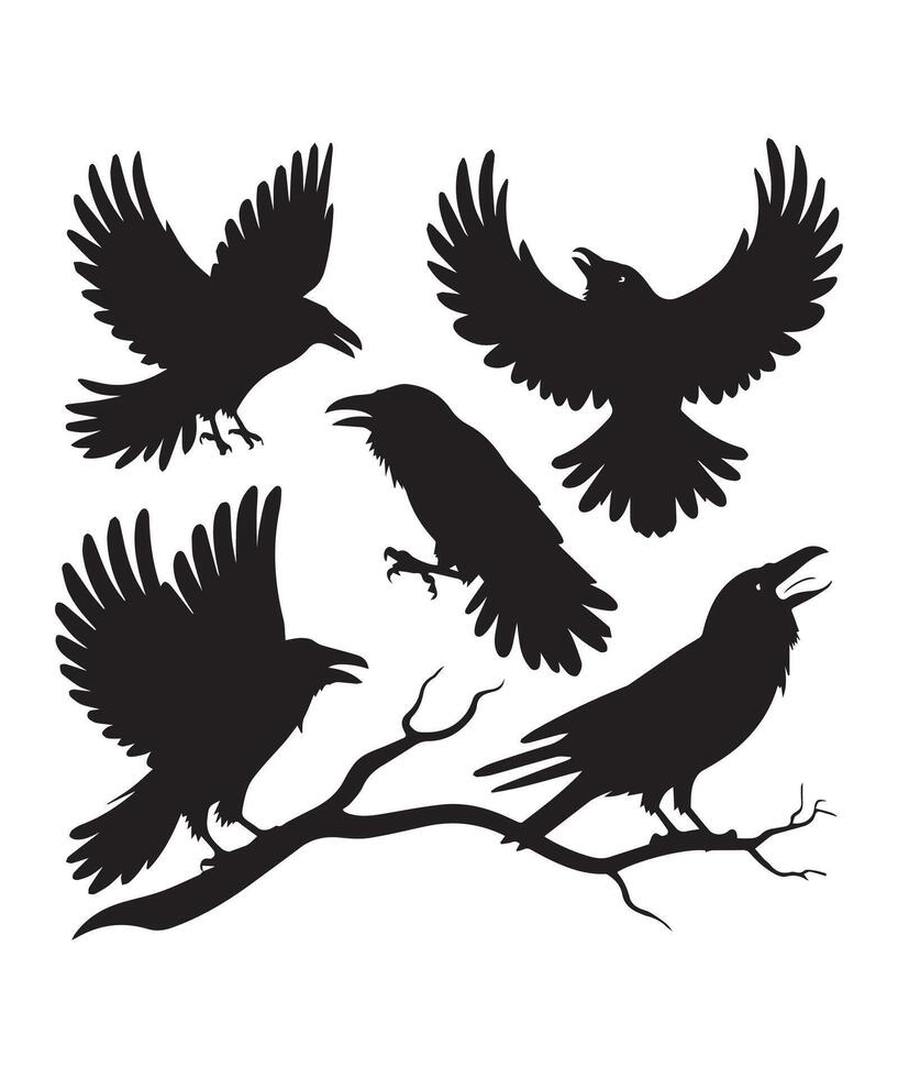 Raven Silhouettes in Black Flying, Perched, and Calling with a Gothic Aesthetic vector