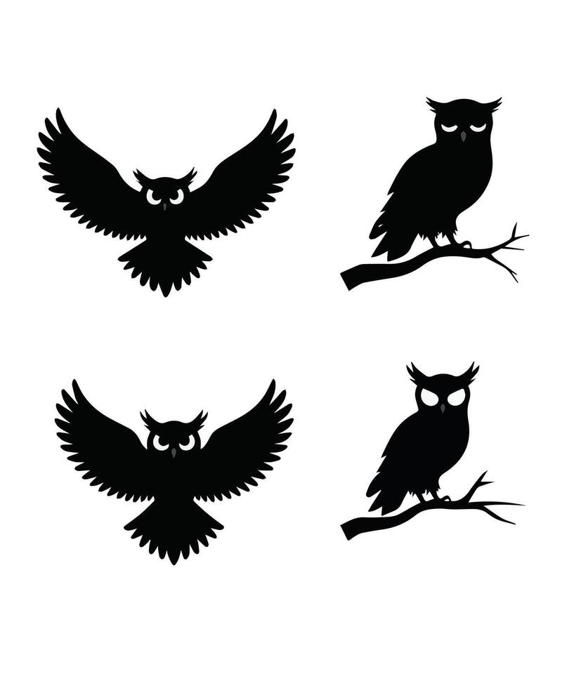 Black Owl Silhouettes Set in Varied Poses on Dark Background vector