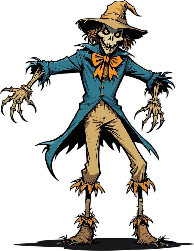 Scarecrow character in blue coat and brown hat striking a pose vector