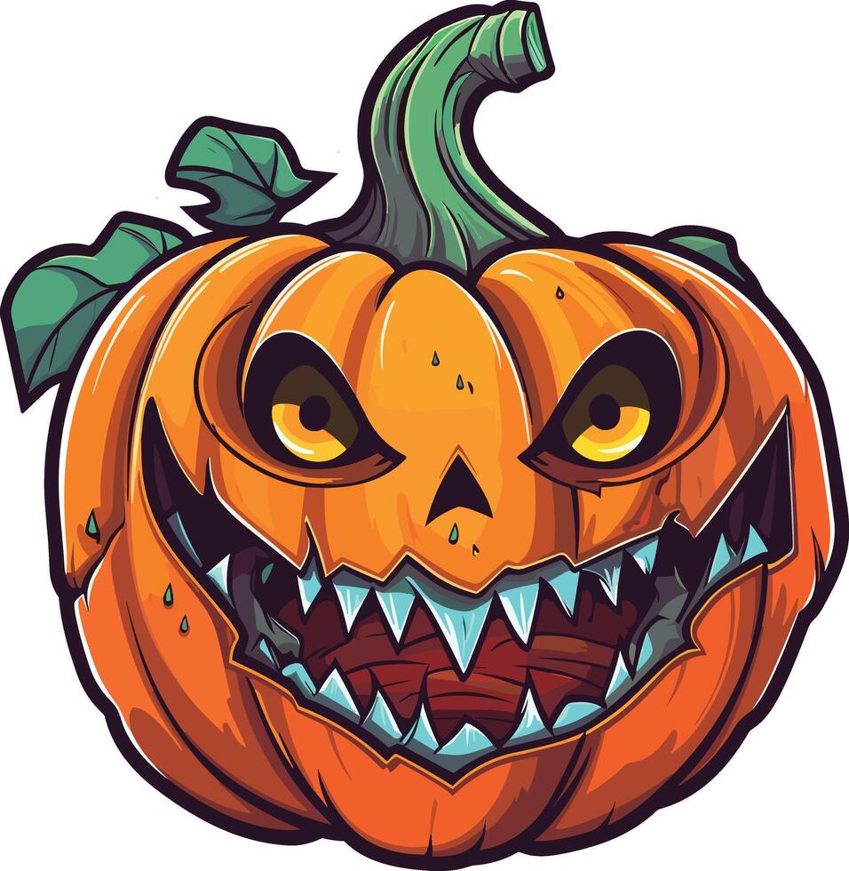 Unique pumpkin head design with sharp teeth and intense expression vector