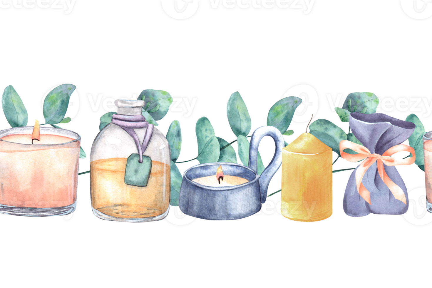 Eucalyptus branches, various candles, sachets and a bottle with liquid, oil. Seamless pattern, border hand-drawn watercolor illustration. For decor, design, textiles, printing, souvenirs png