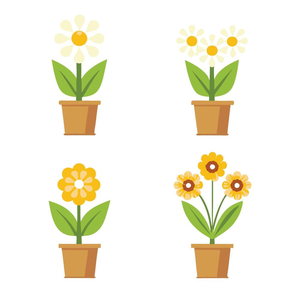 Colorful flowers in pots displayed on a white background vector
