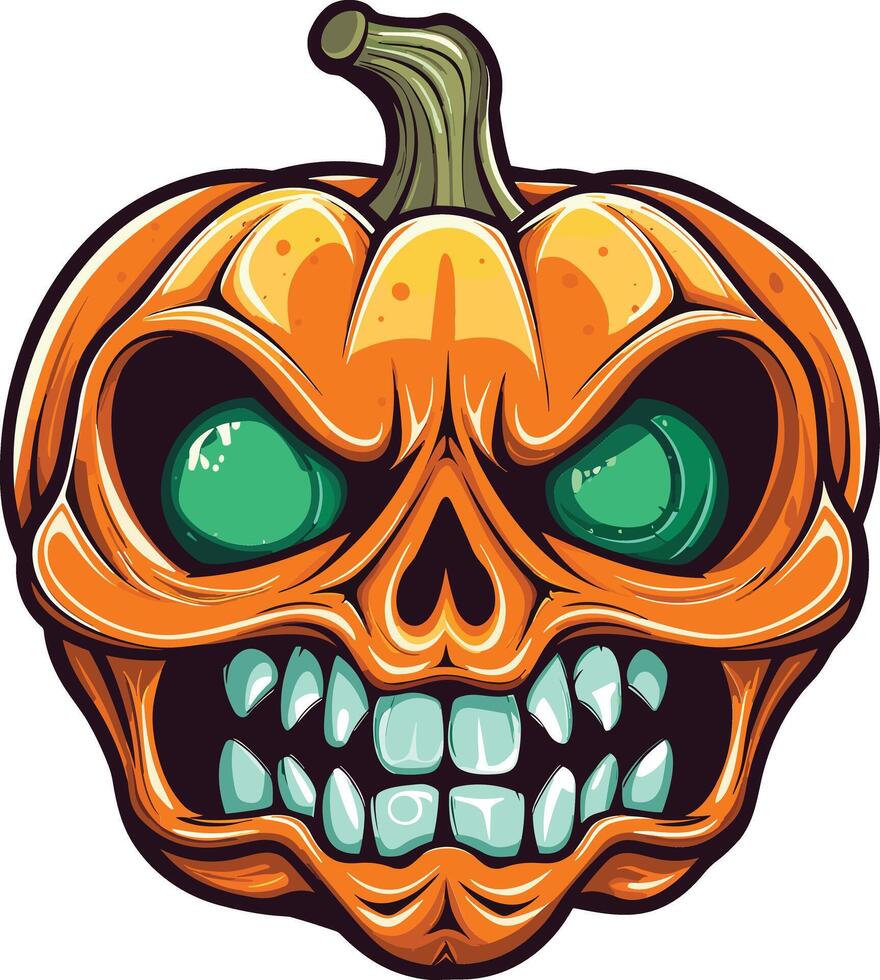 Creepy pumpkin head with skull features and glowing eyes vector
