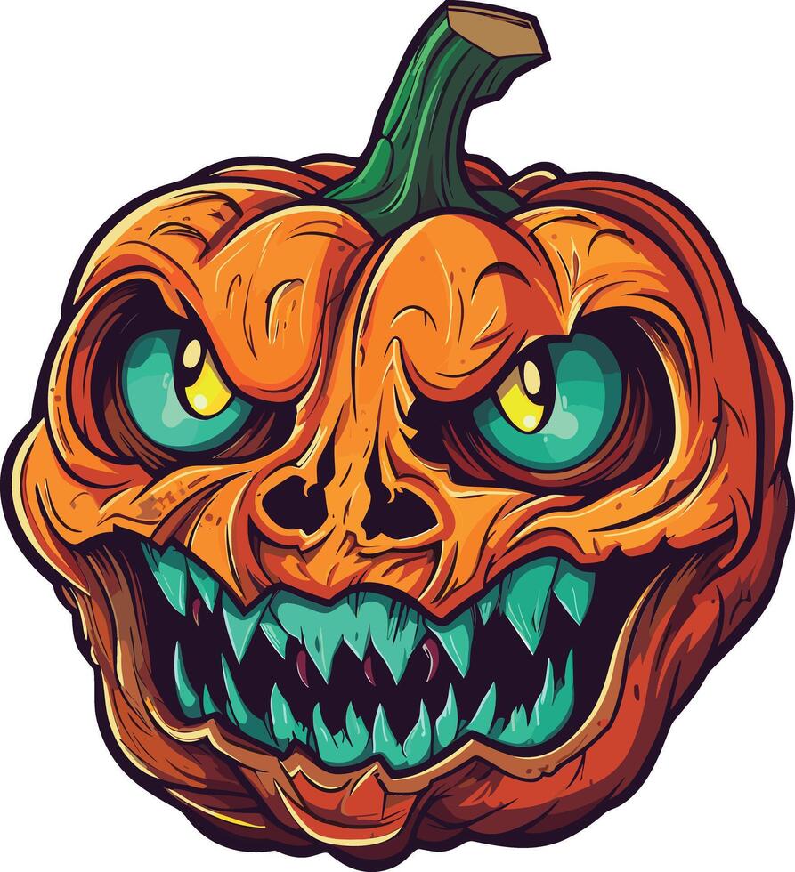 Scary pumpkin head with fierce expression and sharp teeth vector
