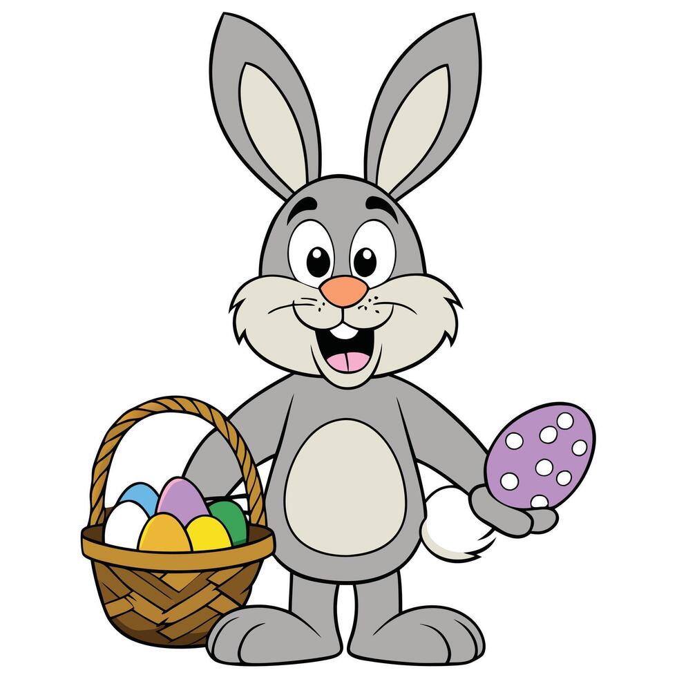 Charming cartoon easter bunny with a colorful basket of eggs vector