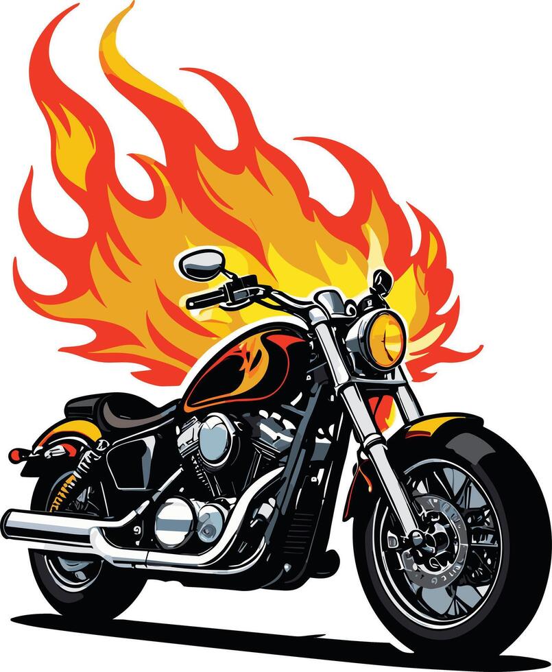 Motorcycle engulfed in flames at a roadside location during dusk vector