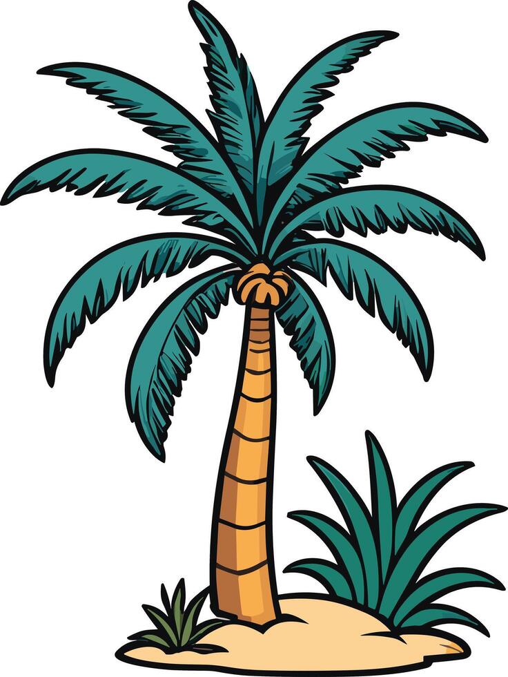 Palm tree in a tropical setting with lush green foliage vector
