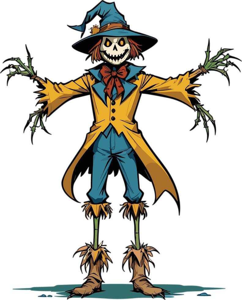 Scarecrow with spooky features in vibrant costume poses cheerfully vector