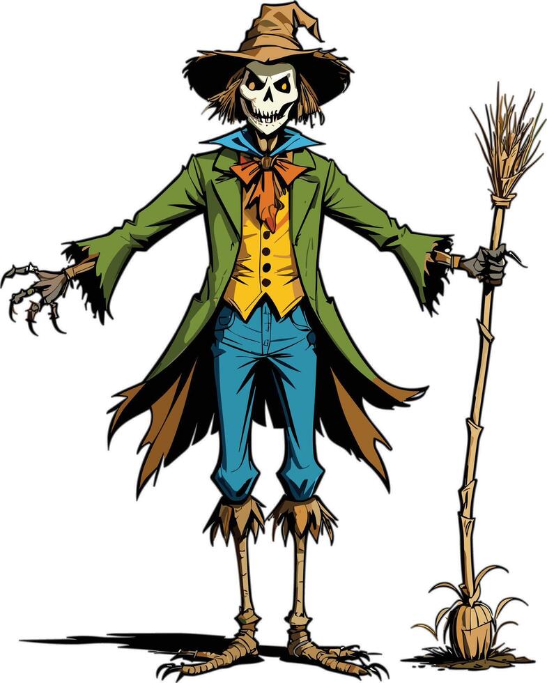 Scarecrow character in a colorful costume ready for Halloween festival vector