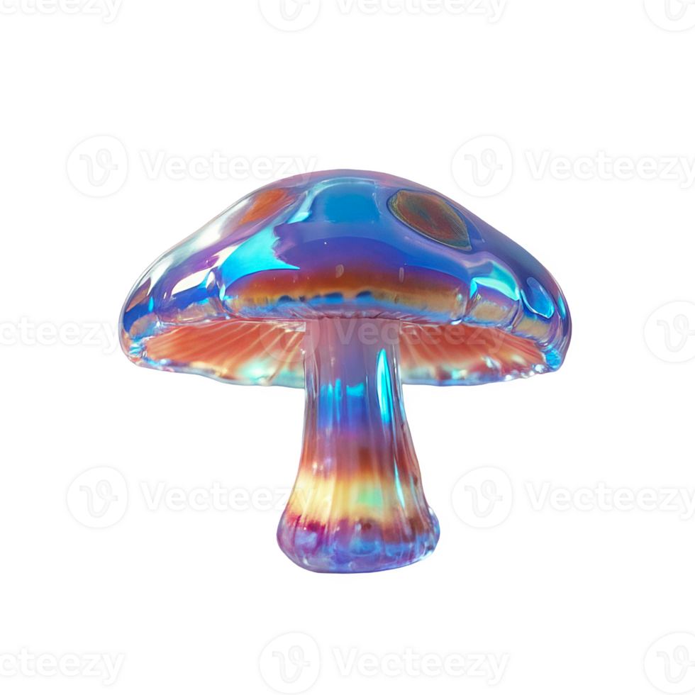 3D chrome element in Y2K style, isolated background, liquid holographic metal. Blue and orange mushroom with a purple center made of glass, shiny iridescent surface. png