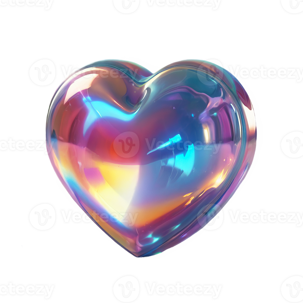 3D chrome element in Y2K style, isolated background, liquid holographic metal. A heart made of glass with a rainbow of colors. png