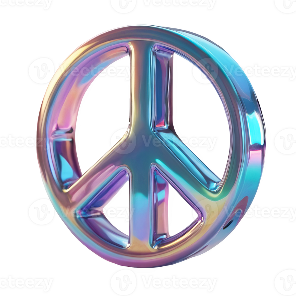 3D chrome element in Y2K style, isolated background, liquid holographic metal. Peace sign made of colorful metal, rainbow colors, vibrant and cheerful appearance idea of harmony. png