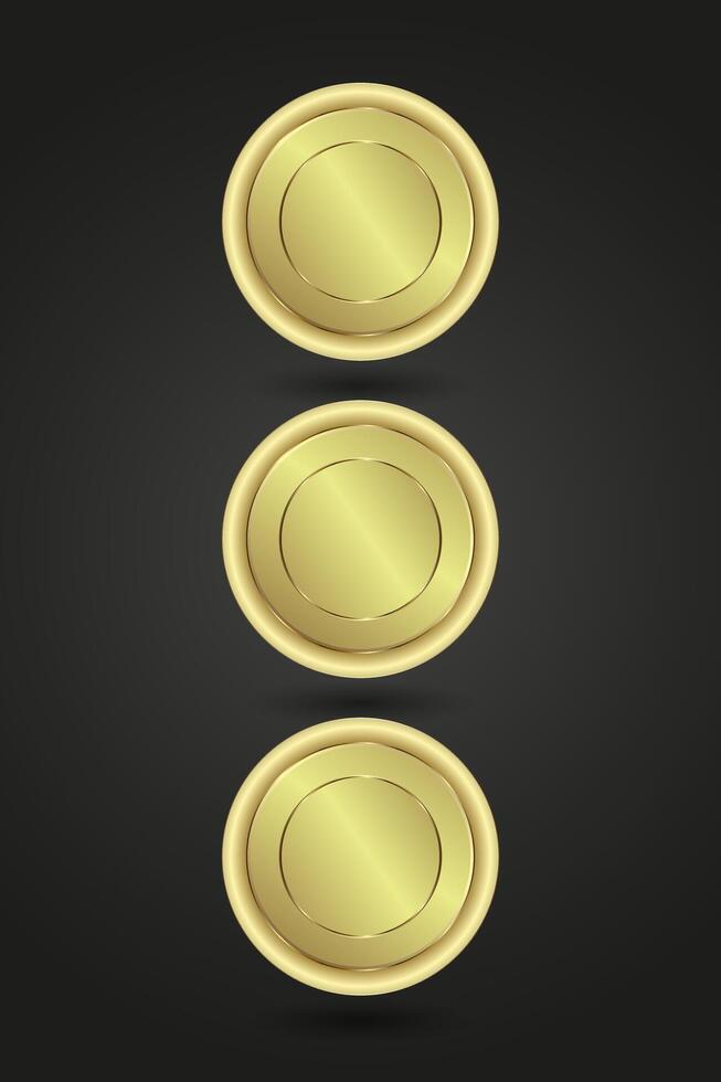 Three stylized golden button with a metallic shine, showcasing a minimalist design. The dark backdrop enhances the cois glowing appearance, symbolizing wealth, success. vector