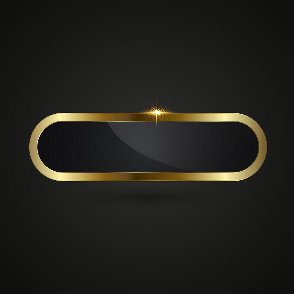 A horizontal design with a glossy black core surrounded by a shiny gold oval-shaped frame. A sparkling highlight at the top center adds a luxurious touch. vector