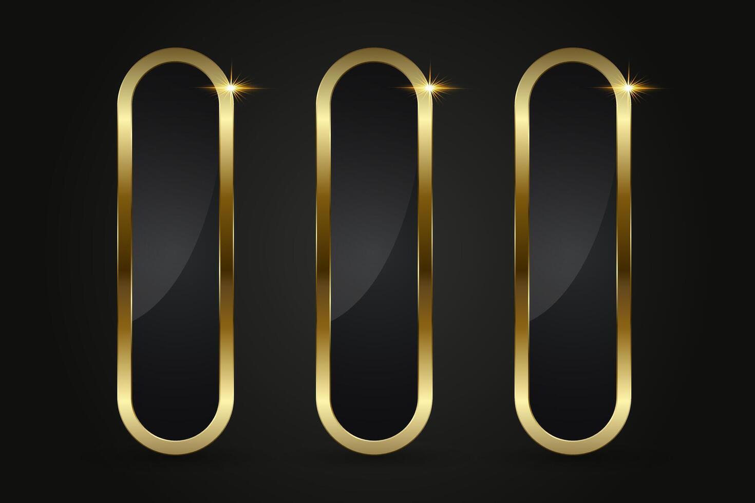 Threesleek, rounded rectangular button with a reflective black surface, bordered by a polished gold outline and accented with a golden glow. vector