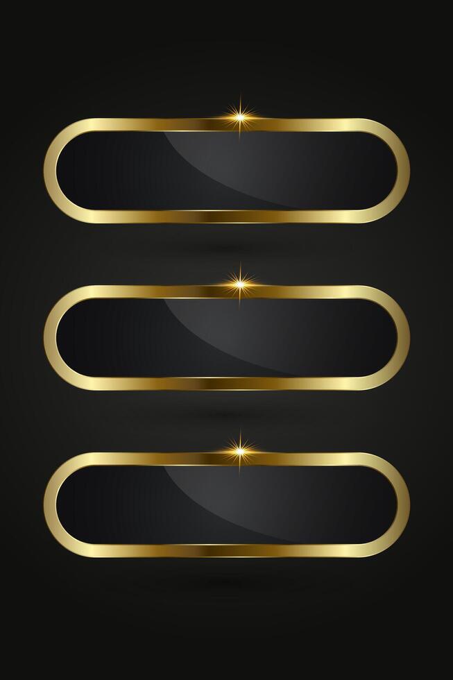 Three horizontal design with a glossy black core surrounded by a shiny gold oval-shaped frame. set of three sparkling highlight at the top center adds a luxurious touch. vector