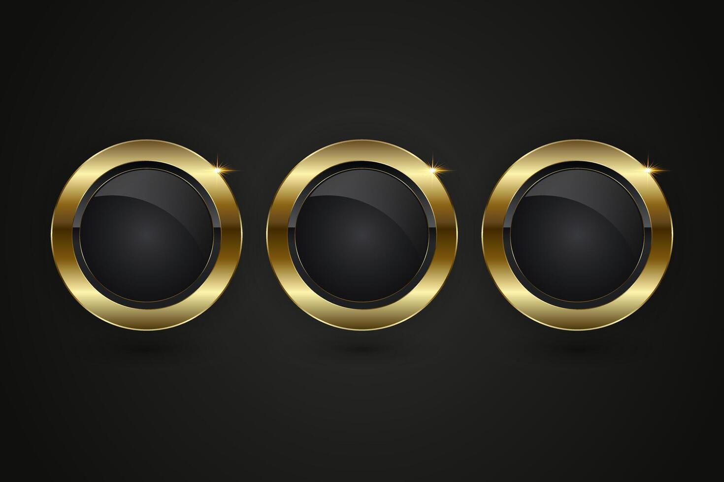 Three collection of Luxury Buttons Design, Three elegant circle buttons, structure with a deep black core and a polished gold border. The shine on the frame vector
